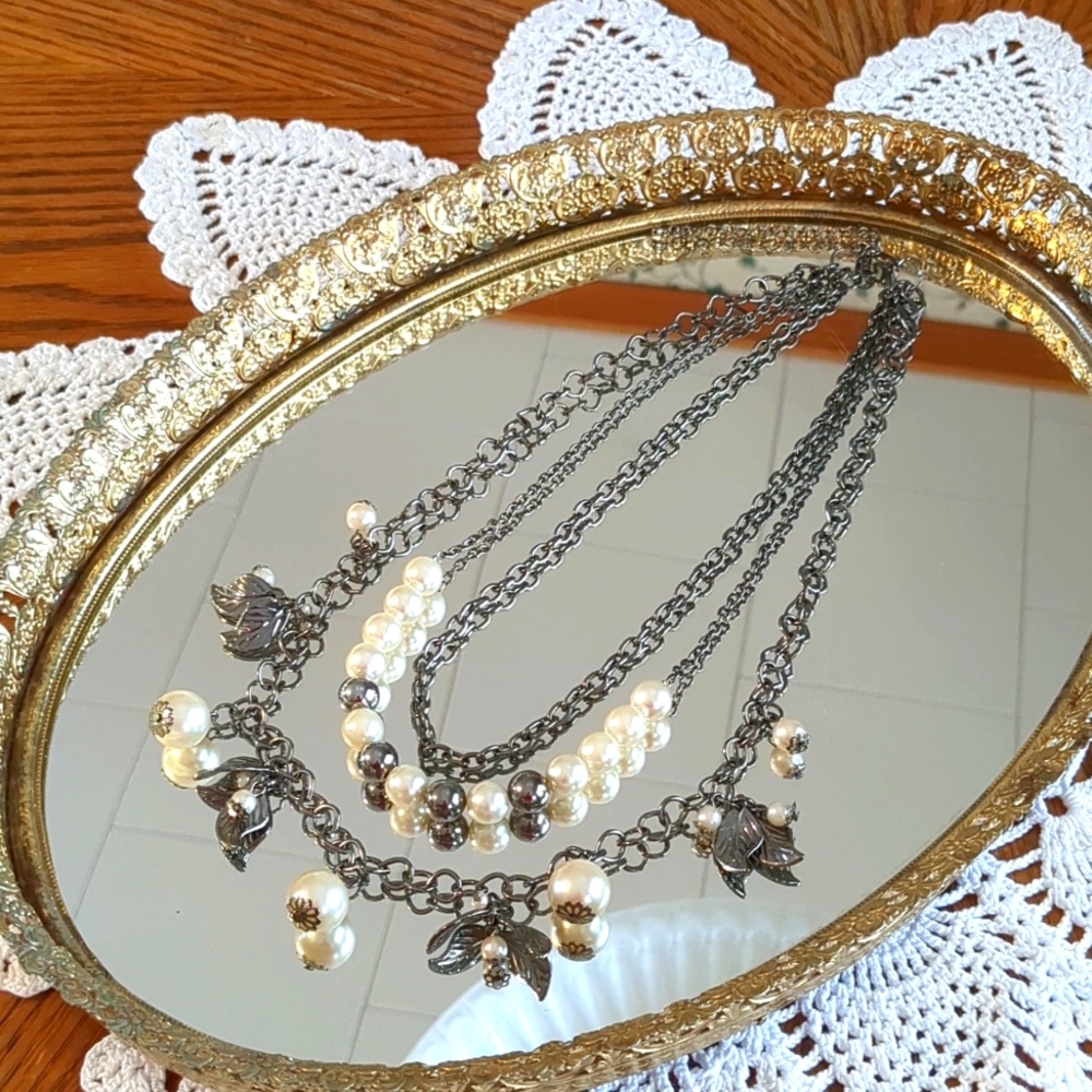 Pewter Tone and Faux Pearl Graduated Layer 17 Inch Necklace